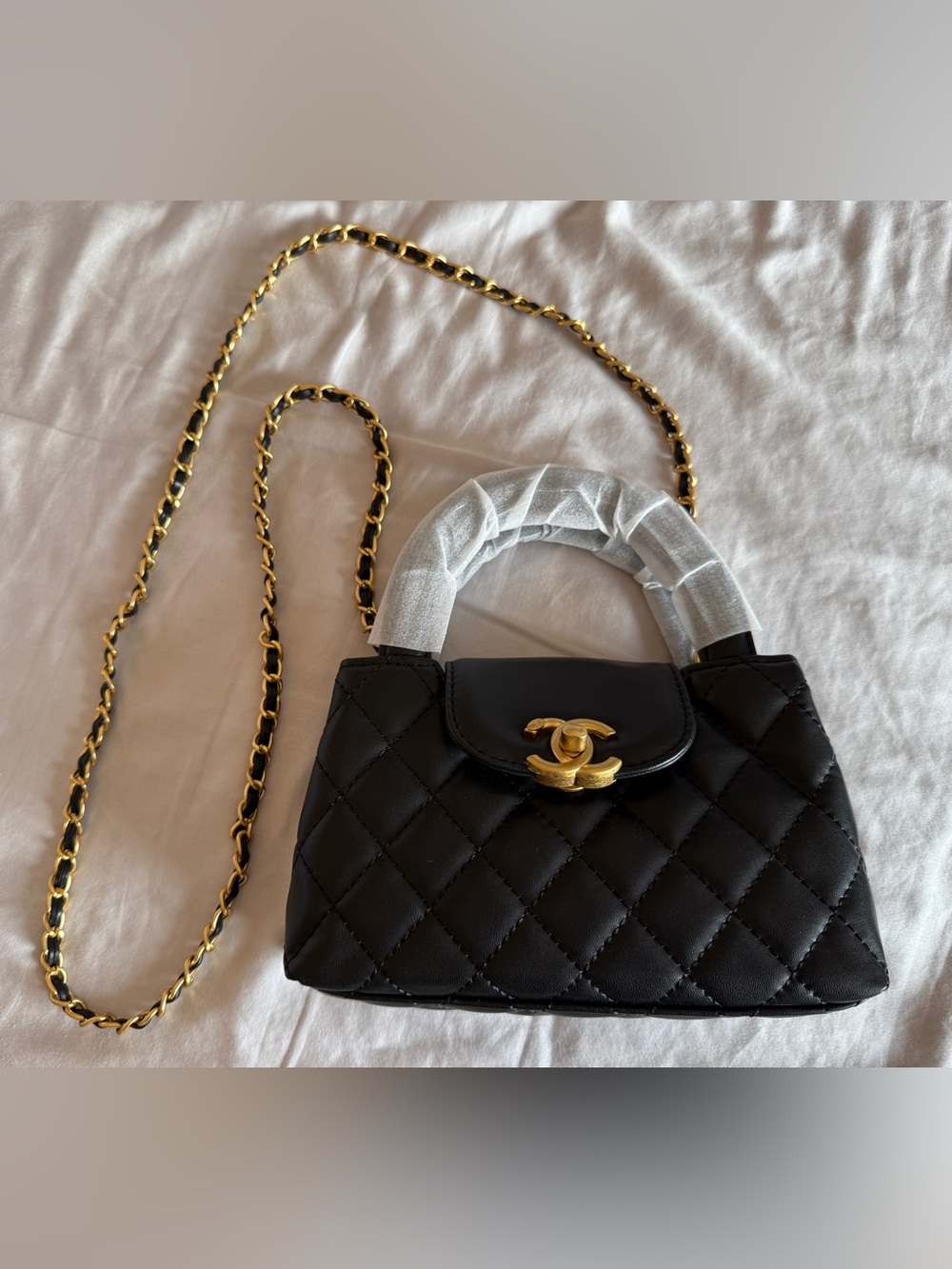 Black Quilted Top-Handle Shoulder Bag with Gold Hardware Mini 8” X 5” Small New